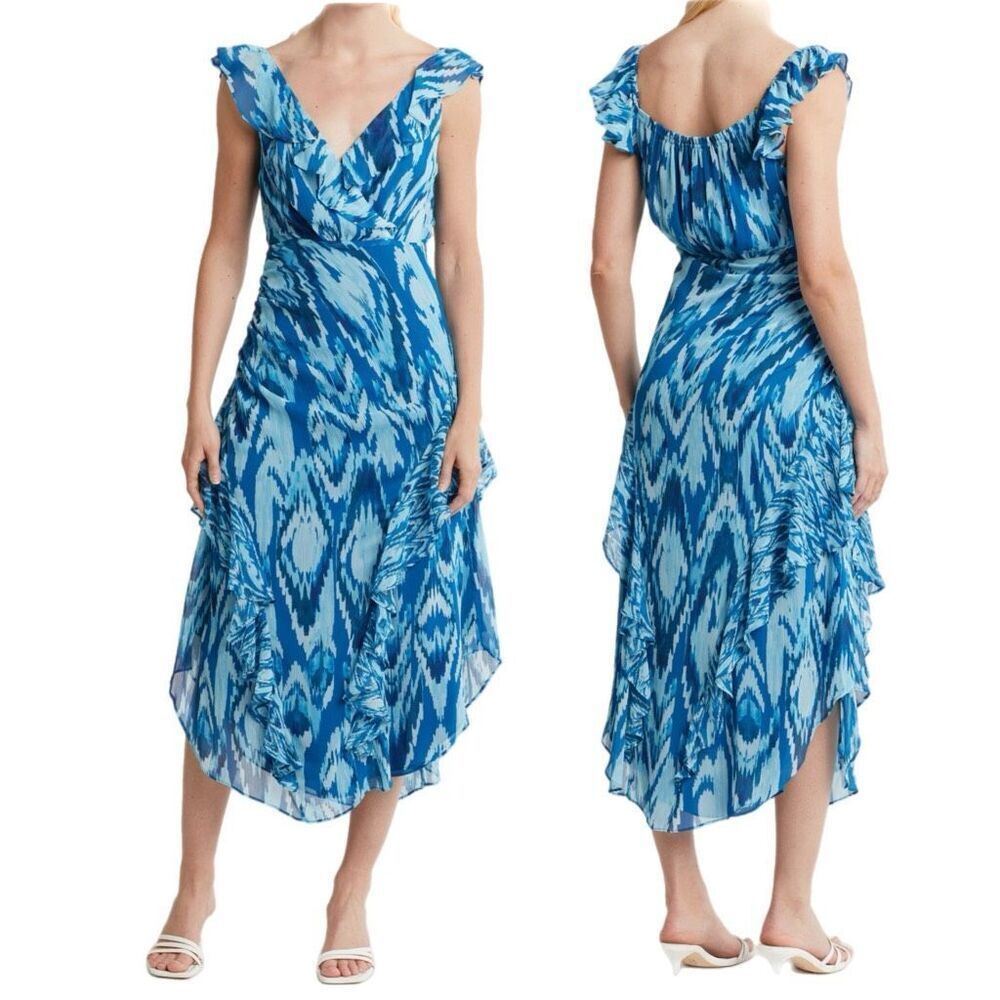 NWT Ramy Brook “Anika” ruffle chiffon maxi dress in blue hues. Size 4